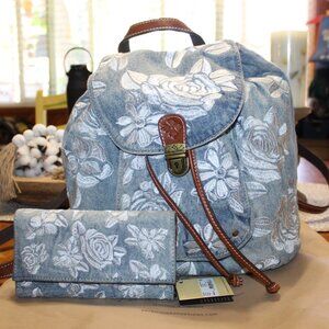 NWT Patrica Nash "Terresa " Denim Embroidered Floral Backpack & Wallet FABULOUS!